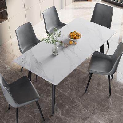 China 6 Seater Lihangrui Unique Modern Luxury Kitchen Dining Tables Rectangular Square Artificial Marble Slate Leg Steel Main Dining Table for sale