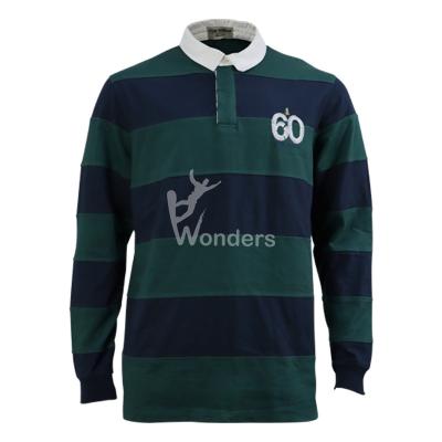 China Die langärmlige Baumwolle 100% der Polo Royal Green Striped Rugby-Hemd-Männer zu verkaufen