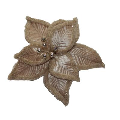 China Christmast Ornament Velvet Fabric Poinsettia Flowers Stem With Glitter Edge Christmas Flower Christmas Tree Decor Manufacturer Wholesale for sale