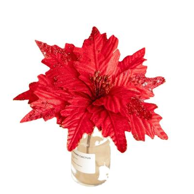 China W06262 Natural Wholesale Natural Red Silk Silver 25cm Glitter Christmas Artificial Flowers For Decorative Christmas Tree for sale