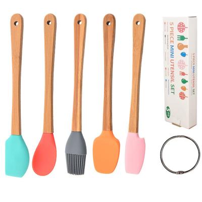 China Viable Silicon Cookware Mini Colorful Silicone 5 Pcs Non-Stick Spatula Spoon Brush With Wooden Handle for sale