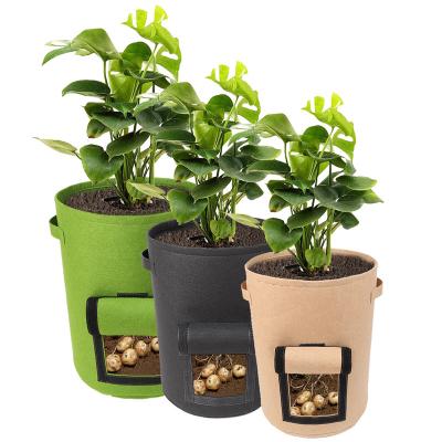 China Breathable With Window Cloth Potato Tomato Aeration Fabric Pots Planter Pot Garden Nonwoven Planting Grow Bags With Flap And Handles for sale