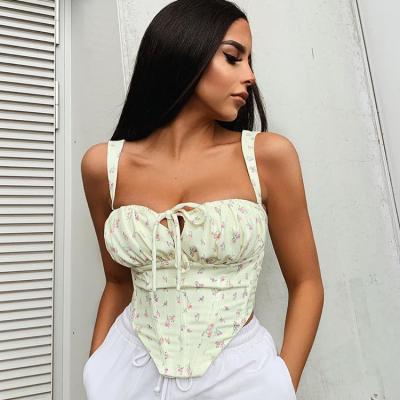 China Enyami Summer Breathable Soft Floral Women Sexy Hollow Up Corset Print Tie Tops Casual Tank Top Bustier Sleeveless Boning for sale