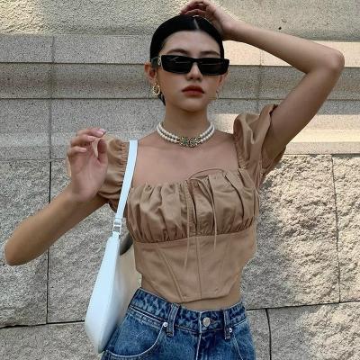 China 2022 Breathable Enyami Streetwear Clothing Short Sleeve Ruched Corset Shirts Ruffle Summer Women's Crop Top for sale