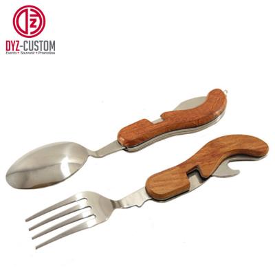 China Sustainable Pocket Outdoor Folding Multi Function Wood Handle Flatware Flatware Cutlery for sale