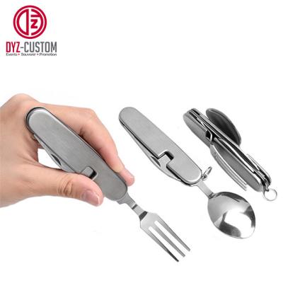 China Portable Viable 4 in 1 Travel Utensil Cutlery Folding Knife Fork Spoon Bottle Opener for sale