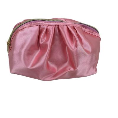 China Wholesale Hot Sale Fashion Drawstring Promotional Pink Satin Striped Fold Up Makeup Bag Pouch For Makeup for sale