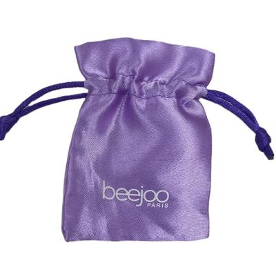 China Custom Logo Black Dust Makeup Gift Drawstring Wig Hair Satin Bag Extensions Satin Pouch Jewelry Pouch Purple Packaging for sale