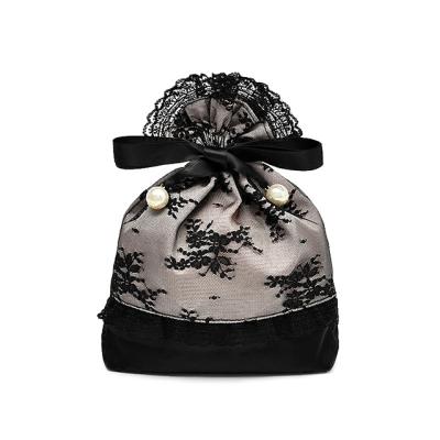 China Custom Pink Jewelry Pouch High Quality Ribbon Logo Print White Lace Gift Drawstring Bag Lace Pouch for sale