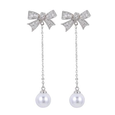 China 2022 Factory Wholesale Durable Fashion Jewelry 925 Silver Diamond Shining Dangle Pearl Butterfly Earrings For Women for sale