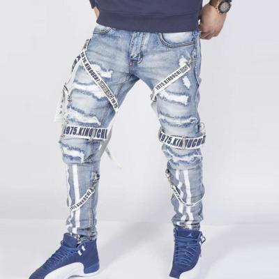 China Fashion Trendy Mens Street Color Fade Proof Color Fade Proof Design Designers Lattice With Cotton Pencil Zipper And Lace Ripped Ribbon Ripped White Mens Jeans for sale