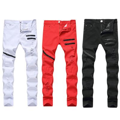 China Wholesale Color Fade Proof Color Fade Proof Summer Mens Jeans Denim Hole Style Bike Ripped Slim Section Mens Pants Zipper Youth Elasticity Pants for sale