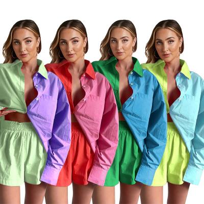 China QUICK DRY Custom Casual Fashion Lapel Long Sleeve Splice Leisure Women's Suit Shirt Shorts Loose Two Piece Sets For Women Dress for sale