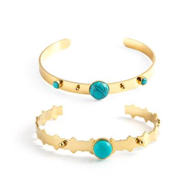 China Natural Stone Turquoise 18K Gold Plated Bangles For Women Adjustable for sale