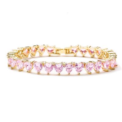 China 18k Gold Plated Full Diamond Bracelet 925 Sterling Silver Pink White Heart Zircon for sale