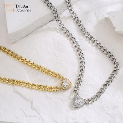 China Love Diamond Zircon Charm Heart Pendant Necklace Stainless Steel Cuban Link Chain for sale