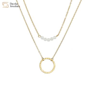 China Stainless Steel Simple Layered Necklace Circle Pearl Pendant Clavicle Chain Choker for sale