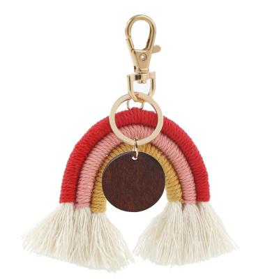 China Fashionable Handmade Decorative Mamframe Cotton Rope Rainbow Key Chain Bag Pendant for sale