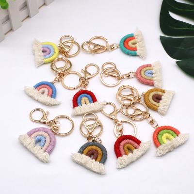 China Boho Handmade Woven Cotton Rainbow Tassel Car Key Chains Bag Fashionable Cute Dangling Accessories Woven Key Chain for sale