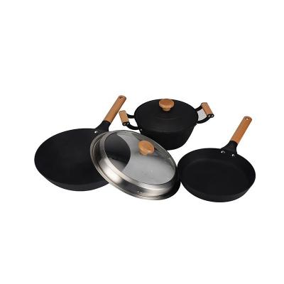 China Sustainable Cooking Cooker 3 Pieces Double Cast Iron Suit Cast Iron Wok Pan Soup Pot Handle Features Uncoated Made in China for sale