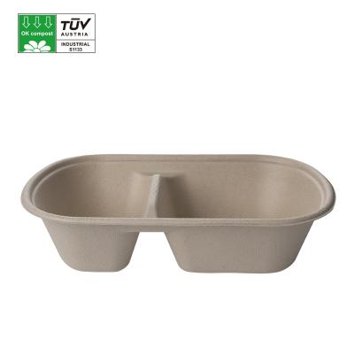 China 2 Compartments Disposable Biodegradable Food Container Sugarcane Bagasse Lunch Box With Lid for sale