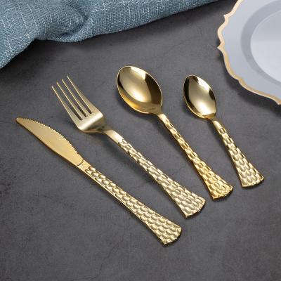 China Gold Disposable Premium Solid Recyclable Plastic Cutlery Spoon Fork Knife Disposable Utensil Set for sale