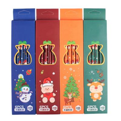 China Christmas Promotion Cartoon Art 6pcs Printed Wooden Pencils Set Customized Wholesale Eco-Friendly Lovely Pencil Promotional For School Kids for sale