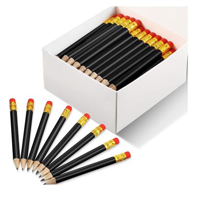 China Wholesale promotional cheap top black coated round wooden pencil pencils eco-friendly woodcased eraser mini half size pencil pre-sharpened HB lead for sale