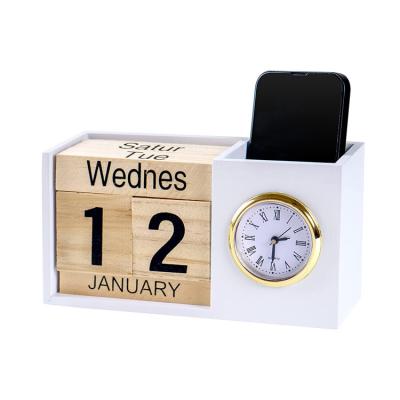 China Custom White Multifunctional Storage Maker Pencil Holder with Wooden Digital Calendar and Mechanical Clock Pen Container for School for sale