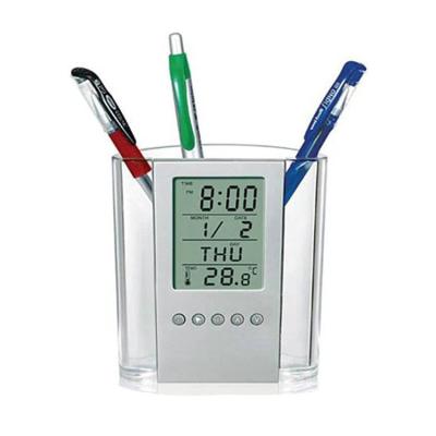 China Factory Customized Clear Multifunctional Pencil Holder Storage With Electronic Digital Calendar Clock Pen Container For School for sale