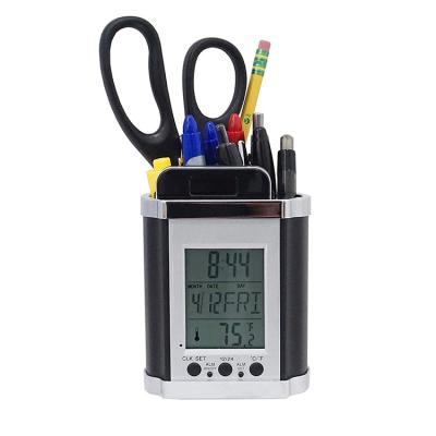 China Storage Custom Wholesale Black Multifunctional Pencil Holder With Calendar Clock Digital Pen Container Suitable Home for sale