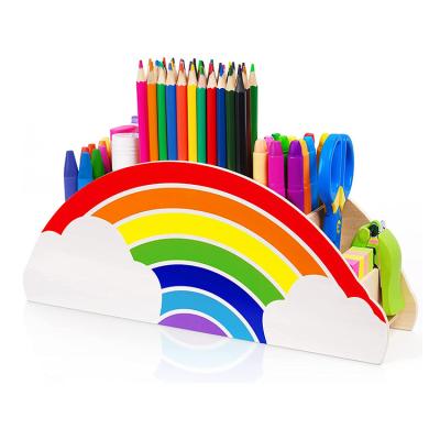 China Custom Natural Wooden Cute Pencil Holder Big Shape Storage Maker Colorful Rainbow Pencil Holder Desktop Organizer For Office for sale