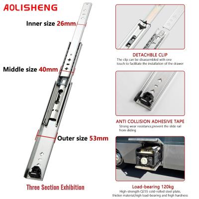 China AOLISHENG Modern Loads 120kg Furniture Hardware Full Extension Triple Exposure Heavy Duty Drawer Slides for sale