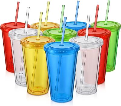 China Cute 16 Ounce Clear Tumbler With Lids And Straws Wall Tumbler Cups Insulated Plastic Double Mug With Lids for sale