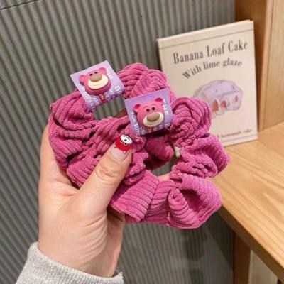 China Cute Fashion Corduroy Strawberry Bear Hair Tie Girls Bear Intestine Circle Cartoon Hair Accessories for sale