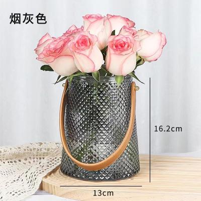 China Modern Cheap Creative Smoke Gray Vase With The Handle, Small Vase Stripe Green Vase for sale