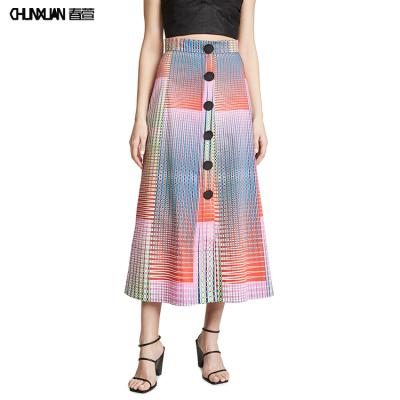 China 2019 new fashion women's pleated casual skirt button front colorful custom made good quality printing maxi skirt for sale