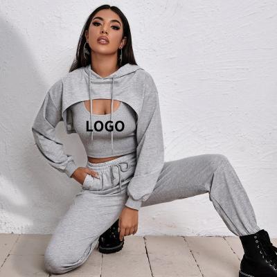 China Custom Logo Sweat Suits Running Sports Designer Breathable Joggers Three Piece Women Sweatsuit Short Set Tracksuit for sale