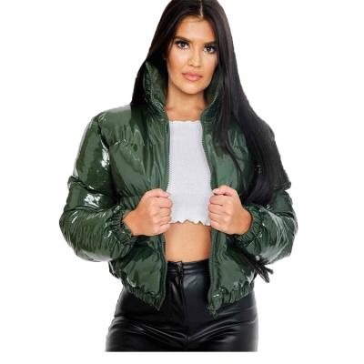 China Anti-wrinkle 2022 winter ladies plus size custom hooded green coat bubble padded cropped shiny stripper jacket women for sale