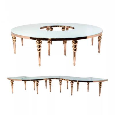 China Wedding Decroation Area Popular Luxury Glass Top Stainless Steel Wedding Gold Dining Tables for sale