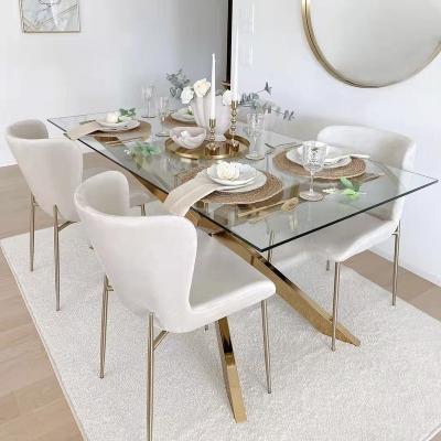 China Foshan gold stainless steel metal restaurant dining tables luxury modern extendable glass top set for sale