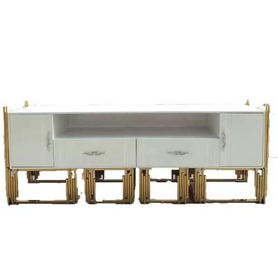 China (Others) High Quality Chinese Famous Adjustable Steel View TV Stand Gold Furniture Tv Stands Stainless Modern Wedding Decoration Manufacturer for sale