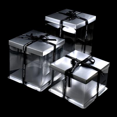 China New KCCB Wedding Cake Box Disposable Square Decorative Clear Silver Plastic Disposable Package Environmental Compensation for sale