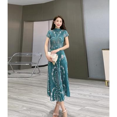 China 2023 Summer Stand Collar Short Sleeve T-shirt Elastic Slimming Pleated Print Women Set Long 2 Piece Set QUICK DRY for sale