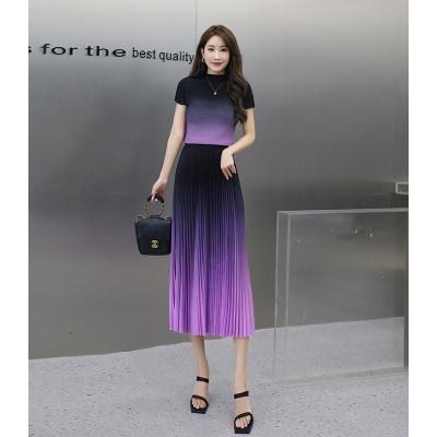 China Fast delivery 2023 summer bestselling fashion print gradient color Miyake QUICK DRY spot pleated skirt two piece set for sale