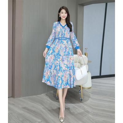 China Viable High Quality Stock Available Printed Skirt With V Neck Lantern Sleeves Floral Miyake Pleat Dress for sale