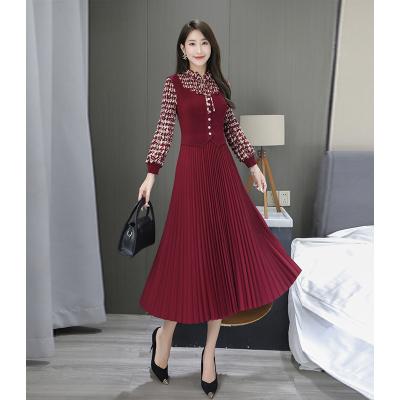 China Viable Newcomer Miyake Pleated Dress Tie Advance Lantern Sleeve Plaid Solid Color Fake 2 Pieces Ladies Dress for sale