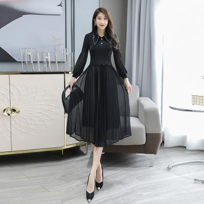 China New fashion 2023 new viable wholesale comic gauze pleated dress silky dress black red collar lantern sleeve mesh lantern sleeve dress for sale