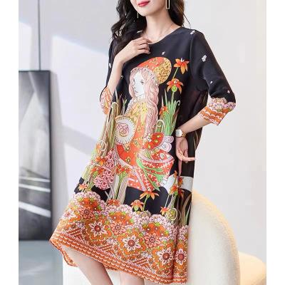 China New Viable For 2023 Summer Elegant Women's Crewneck Dress Printed Pleated Skirt Loose Waist Slimming Plus Size Dress for sale