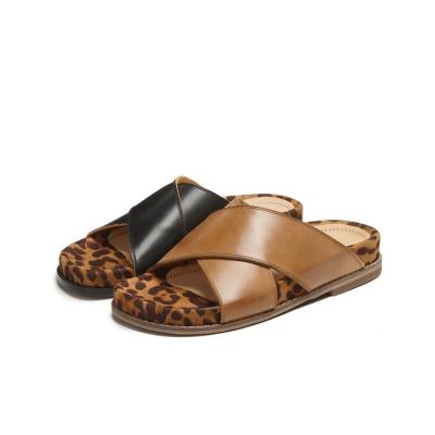 China American thick bottom female leisure leopard slippers flat leather cross style cross style sandal cushioning good quality pattern thick leisure for women for sale